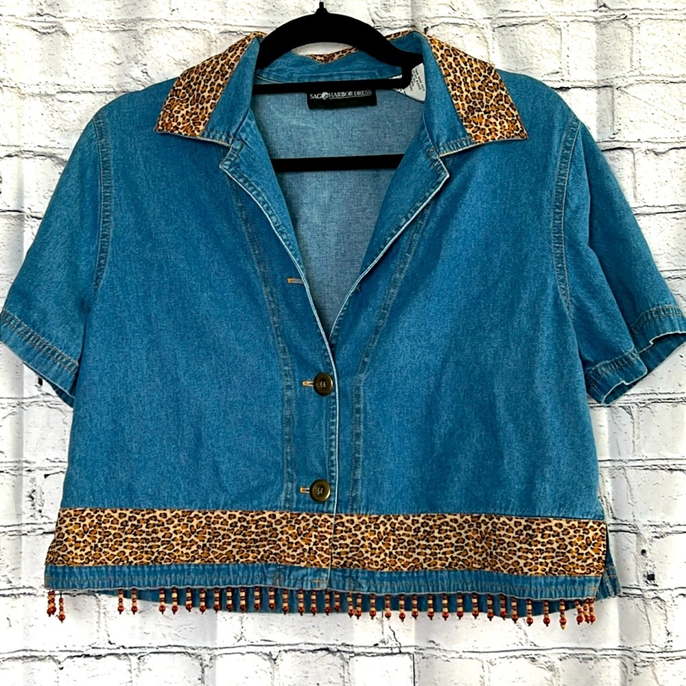 ⭐️ Sag Harbor blue denim button up crop jean top animal print beaded detail 12